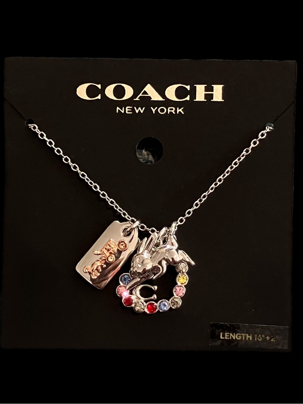 Coach Silver Bunny Necklace with Multicolor Crystal Heart